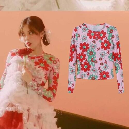 Kpop 4Minute Kim Hyun A Summer New Wild Slim Tees O-neck T-shirts Women Streetwear Harajuku Floral Tshirts Lady Long Sleeve Tops