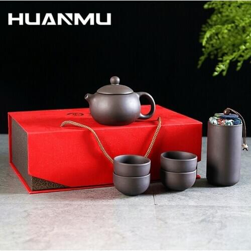 6PCS Chinese Ceramic Tea Set Gift Box Set 1 Teapot 4 Cups Caddy Mugs of Tea Ceremony Purple Clay TeapotЧайный сервиз