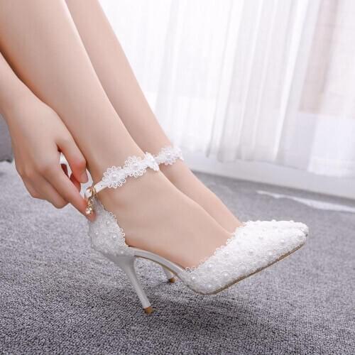 White Wedding Shoes With Crystal Woman Thin Heels Shoes Ladies Spring Autumn Low Heel Shoes Party Dress Shoes