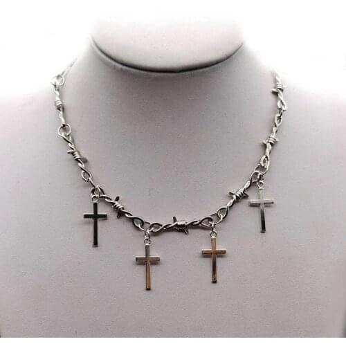 Hip hop Titanium Steel Thorns Clavicle Chain Necklaces For Women Fashion Punk Silver Color Geometric Cross Pendant Jewelry Kolye