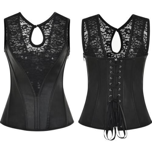 Black Sexy Lace Patchwork Leather Steampunk Waist Trainer Corset Vest Gothic Lace Up zipper Side Corsets Top S-6XL Plus Size