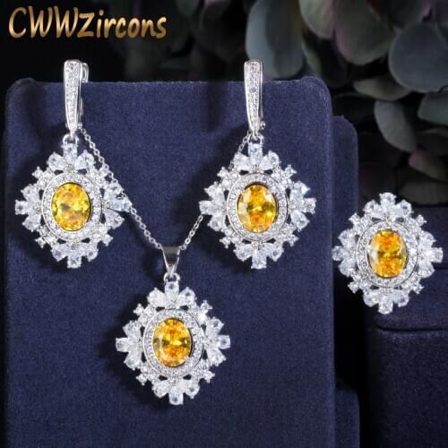 CWWZircons 3 pcs Shiny Big Yellow Oval Cubic Zircon Stone Drop Earring Necklace Ring Sets for Women Party Costume Jewelry T433