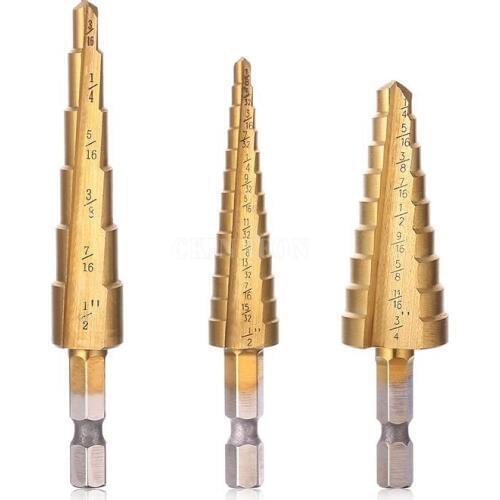 DHL 200Set 3PCS/Pack 1/8'' - 3/4'' 28 Sizes Imperial Hex Shank HSS Titanium Coated Step Drill Bit Set