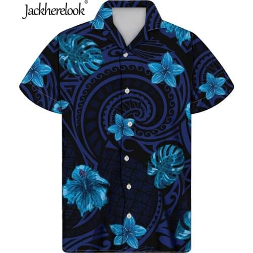 Jackherelook Blue Tropical Floral Print Polynesian Hawaiian Shirts for Mens Cuban Guayabera Chemise Summer Loose Button Down Top