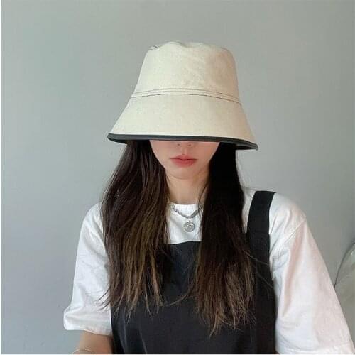 INS Korean ~ Summer Big Eaves Pure Color PU Leather Edge Sunshade Fisherman Hat Lady Korean Version Simple Basin Hat Tide Bob