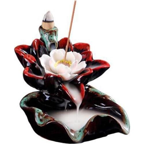 Fortune Lotus Backflow Incense Burner Ceramic Red Color Aromatherapy Burner Creative Lotus Incense Holder for Home Decor