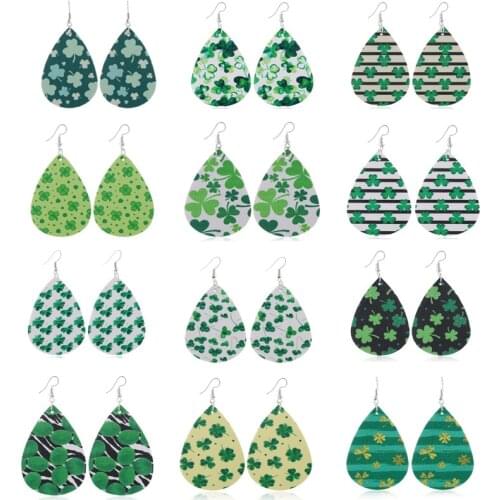 New Arrive Green Clover Leather Teardrop Earrings for Women Fashion Female Statement Plant Leather Earrings Jewelry Wholesale