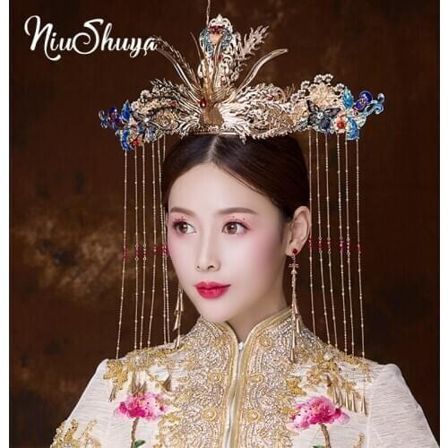 NiuShuya Chinese Vintage Style Bride Headwear Phoenix Coronet Classical Wedding Accessories Golden Peacock Bridal Hair Jewelry