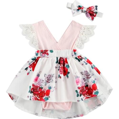 Infants Baby Girl Romper Dress Lovely Lace Fly Sleeve V-Neck Jumpsuit with Bow Headband Sweet Toddler Girl Party Sets 0-24M