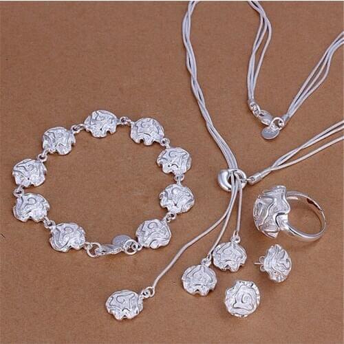 Wholesale silver color jewelry set fashion glamor Tai Chi hanging three roses necklace bracelets ring Stud Earrings S320