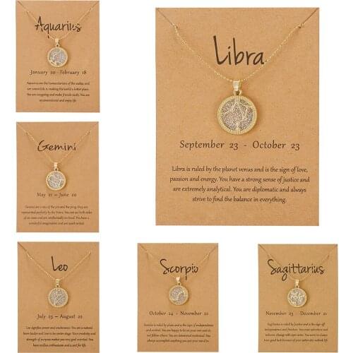 12 Zodiac Constellations Necklace Geometric Round Pendant Gold Silver Color Chain Necklace Unisex Friendship Jewelry Lover Gifts