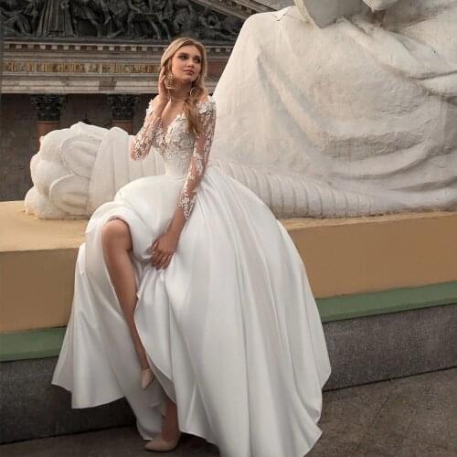Sexy Wedding Dresses Satin Pleat Appliques V-Neck Full Sleeve Zipper A-Line Bridal Gowns Novia Do 2021 New Party