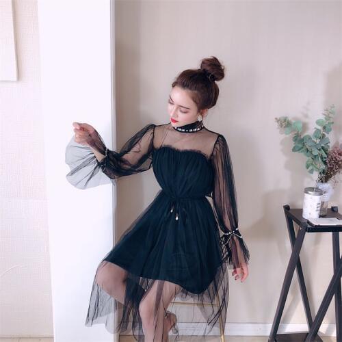 Perspective sexy Womens Clothing flare sleeve turtleneck A-Line dresses autumn style fashion Female lace mesh club dress new