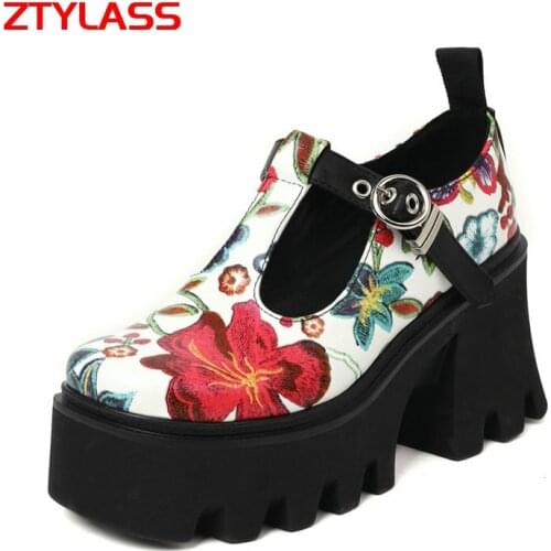 2021 New Summer High Heel Pumps Women Fashion Flower Print Platform Shoes Thick High Heel Round Toe Dress Spring Shoes