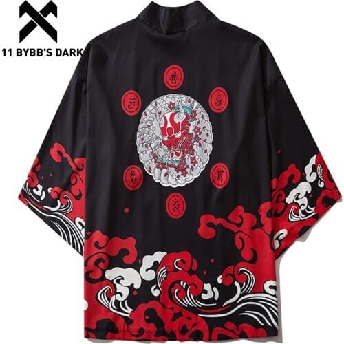 11 BYBBS DARK Japanese Kimono Jacket Ghost Men Wave Print Front Open Coats Harajuku Japan Streetwear Loose Shirts Thin Clothing