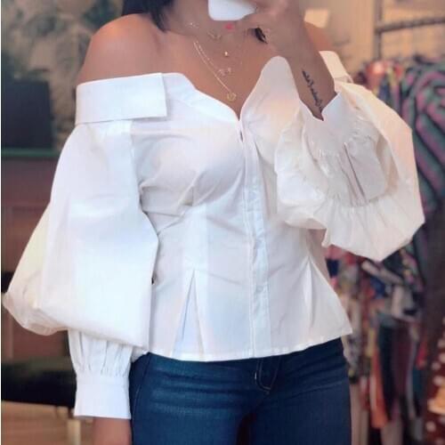 DEAT 2021 Spring Streetwear Long Lantern Sleeve Slash Neck White Top Women Blouse Shirt ME949
