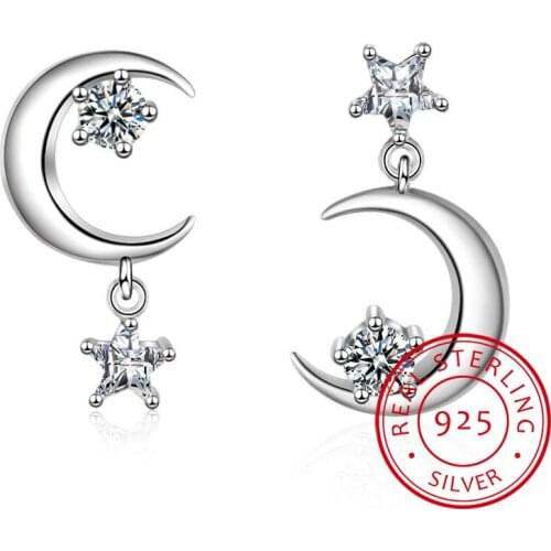 925 Sterling Silver Earrings Zirconia Star Moon Asymmetric Tassel Earrings For Women oorbellen brincos S-E389
