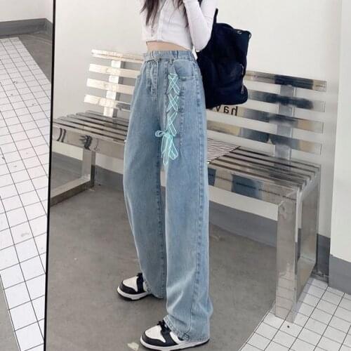 Harajuku Style Loose High Street Ladies Jeans Summer Casual Straight Wide Leg Pants Women Streetwear 2021 Ladies Trousers y2k