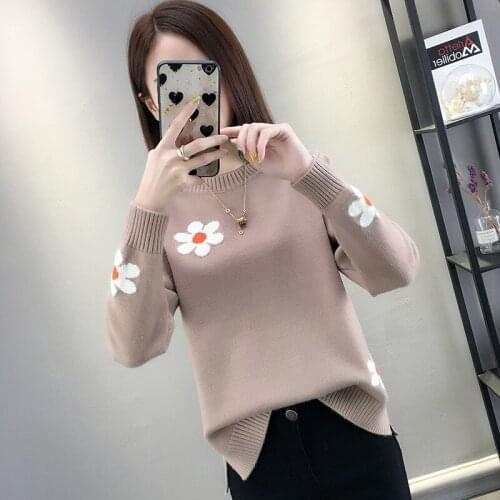 Spring Korean Fashion 4 Color Floral Knitting Pullover Sweater Women Casual O-Neck Long Sleeve Knitted Tops Female Sueter Mujer