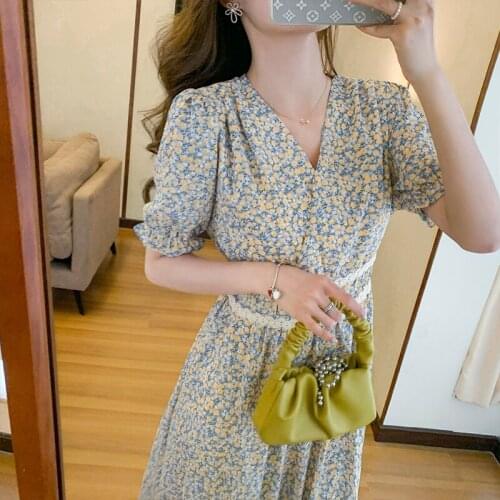 French Style Floral Print Dress Women Summer Elegant V-neck Puff Sleeves High Waist Vintage Dress Ladies Casual Chiffon Dresses