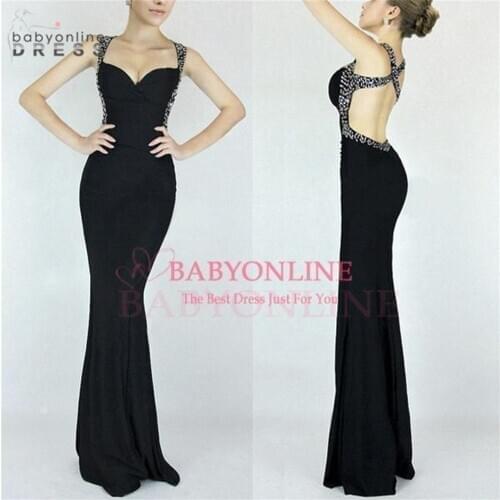 24 Hours Shipping Black Mermaid Backless Evening Dress Sexy Cross Back Evening Gowns Sweetheart Neck Robe de Soiree Longue
