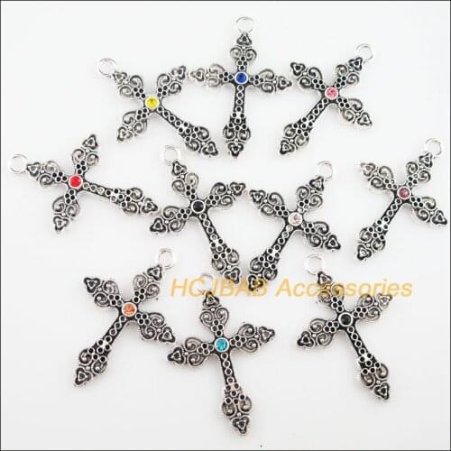 10 New Heart Cross Charms Tibetan Silver Tone Retro Mixed Crystal Pendants 34.5x50mm