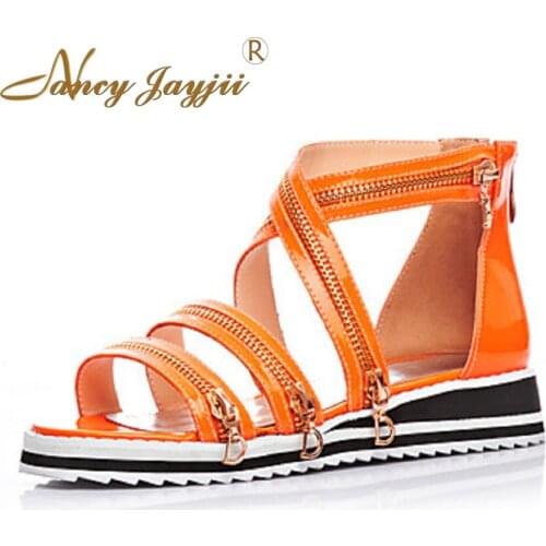 2017 Orange Black Newest Fashion Womens Genuine Leather Shoes Low Platform High Heels Woman Zapatos Casual Sandals Large Size16