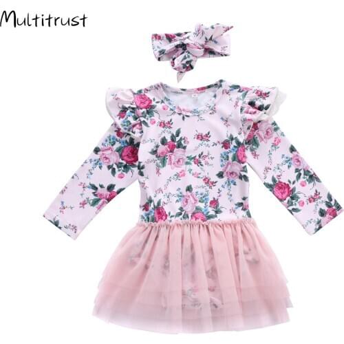 2020 Baby Bodysuit Newborn Infant Baby Girl Floral Lace Tutu 2018 Casual Long Sleeve Bodysuit Jumpsuit 2Pcs Set Outfits