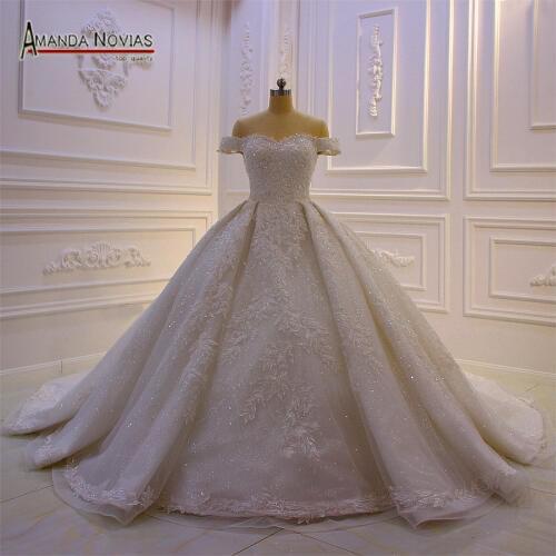 2020 Dubai wedding dress luxury shinny bling wedding gown off the shoulder straps real work photo brand
