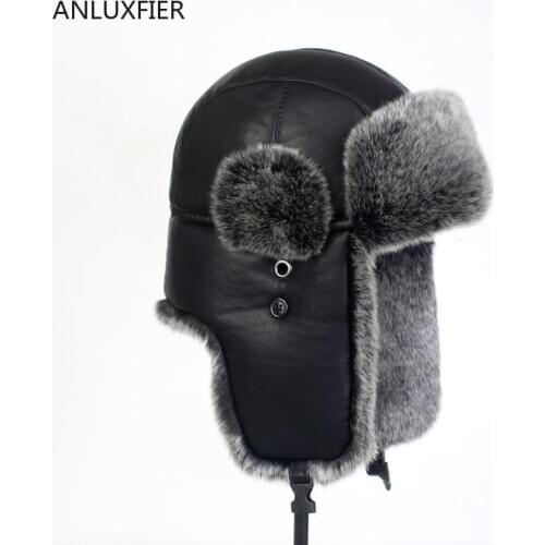 B-8502 Lady Black Warm Bomber Hats Thickened Northeast Cotton Fur Cap Pu Leather Lei Feng Hat Ear Protection Ski Hat Waterproof