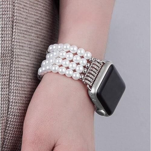 White Bracelet Beaded for Apple Watch Band 38mm/40mm 42mm/44mm Series SE/6/5/4/3 Bling Fashion Elastic Stretch Strap Replacement