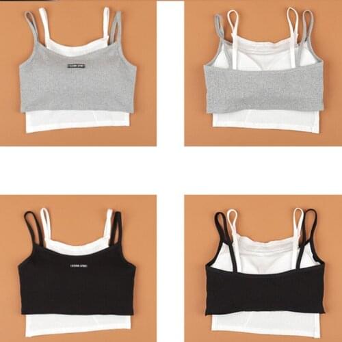 Women Contrast Color Fake 2pcs Camisole Letters Label Ribbed Spaghetti Strap Slim Crop Top Harajuku Casual Bustier Vest