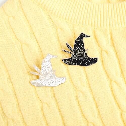Custom Black White Wizard Punk Enamel Pin Star Moon Witch Hat Brooch Bag Clothes Lapel Pin Badge Gothic Jewelry Gift for Friends