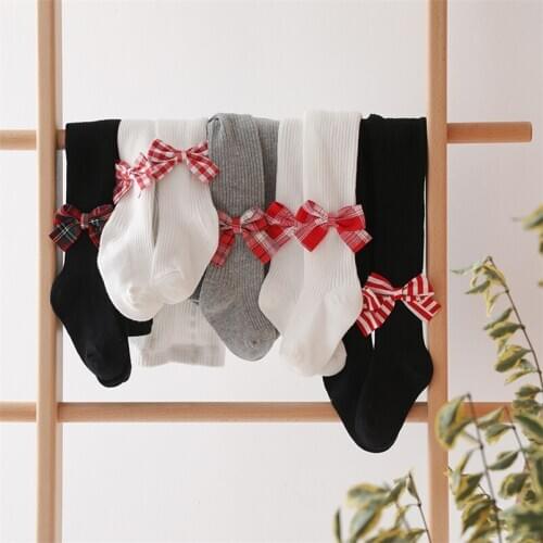 0-6Yrs Kids Tights for Girls Clothes Spring Fall Cotton Ribbed England Style Plaid Bowknot Design Girls Pantyhose for Children P