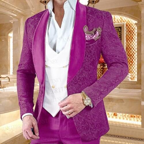 2021 New Fashion Men Wedding Suits 3 Pieces Custom Groom Suit Dress Tuxedo Slim Fit Jacquard Blazer Double Breasted Vest Pant