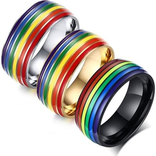 Trendy Rainbow Lines Rings for Men Women Classic Stainless Steel Pride LGBTQ Wedding Band Unisex Finger Jewerly US Size
