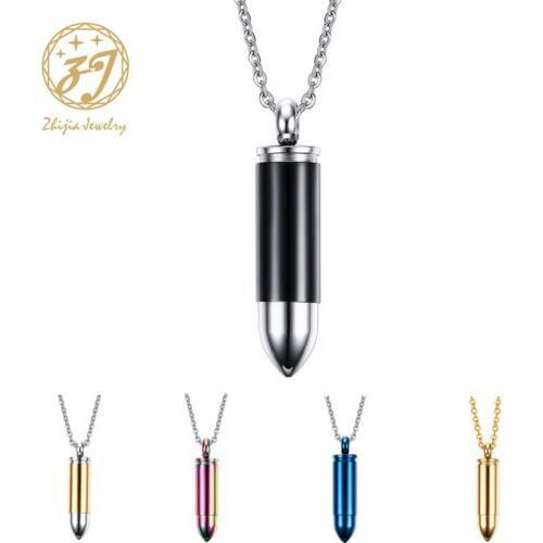 Zhijia Charm Men/Woman Jewelry Stainless Steel Bullet Pendants Necklace Silver & Black & Gold Link Chain Punk Gift Free Shipping