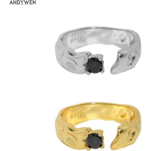 ANDYWEN 925 Sterling Silver Gold Black Zircon Open Adjustable Rings Women Fine Jewelry Irregular Resizable Geometric Ring