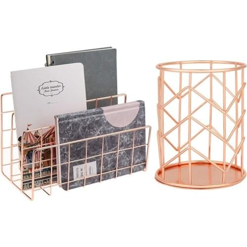 Makeup Brush Holder Wire Iron Pencil Holder Rose Gold & Desktop Mail Organizer, 3-Slot Metal Wire Mail Sorter