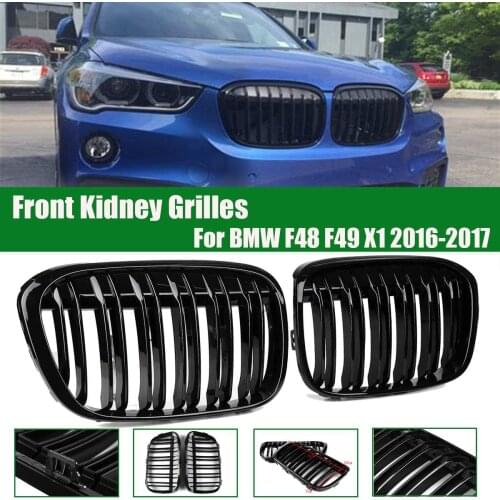 1 Pair ABS Dual Slat Car Front Bumper Grills Kidney Grille For BMW X1 F48 F49 2015-2019 Gloss Black Auto Accessories