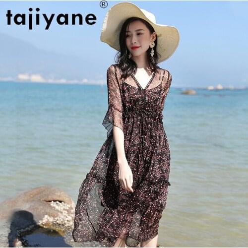 Tajiyane Summer Dress for Women 2021 100% Silk Beach Dress Female Floral Long Dresses Korean Fashion Vestido De Mujer Pph4851
