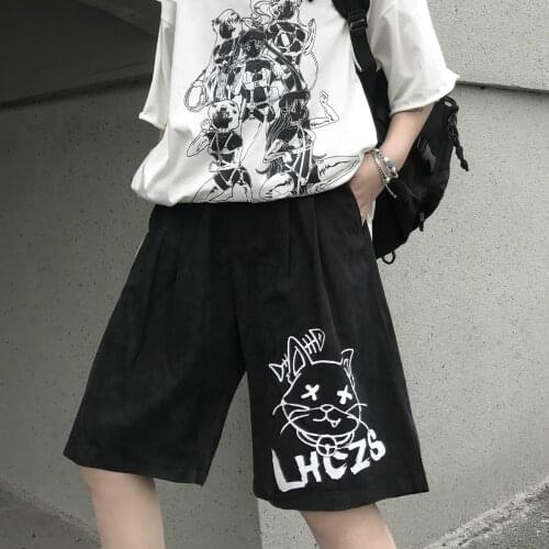 Harajuku Vintage Shorts Summer Woman Cartoon Funny Cat Letter Print Shorts Casual Loose Hip-Hop Streetwear Shorts Plus Size