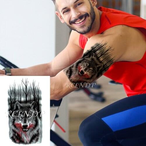 Waterproof Temporary Tattoo Sticker Bleeding Wolf Forest Dead Tree Big Size Fake Tatto Flash Tatoo Arm Leg Art for Women Men