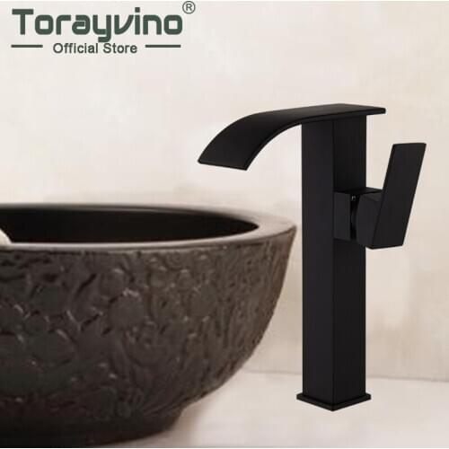 Tall Water Taps Waterfall Faucet Bathroom Matte Black Brass Faucets Water Tap Handles Single Deck Mounted Hot & Cold Mixer Tap