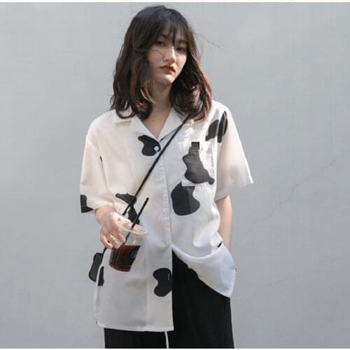 2021 Summer Street Style Cow pattern Women Blouse Tunic Shirt Oversize Button Ladies Shirts Short Sleeve Plus Size Female Tops