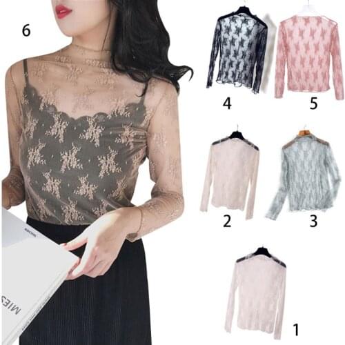 Womens Summer Spring See Through Mesh Basic Long Sleeve Blouse Mock Neck Solid Color Embroidered Floral Lace Loose Pullover