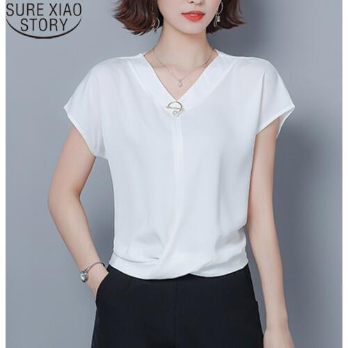 Summer Loose Bat Short Sleeve Irregular Chiffon Shirts Women 2021 V-neck Plus Size 3XL Office Lady Solid Elegant Blusas 9051 50