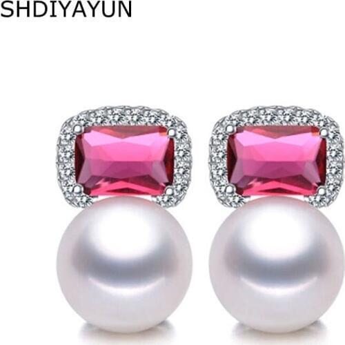 SHDIYAYUN 2019 New Ruby Pearl Earrings 925 Sterling Silver Jewelry Real Natural Freshwater Pearl Stud Earring For Women Gift