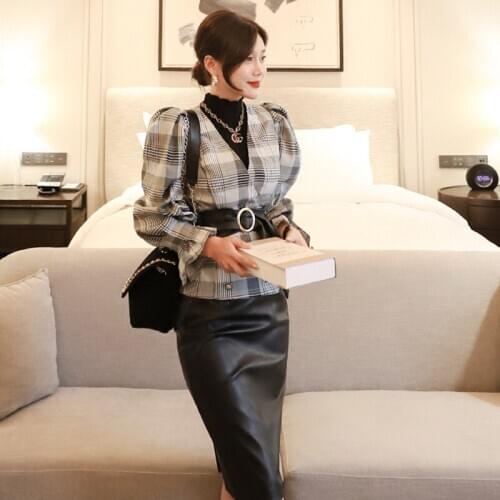 New arrival elegant plaid shirt and slim pencil skirt high quality simple work style 2 pieces OL casual elegant women sets