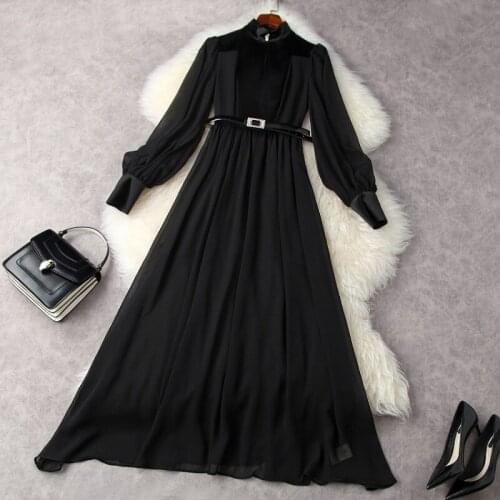 Spring 2021 New Lantern Sleeve Long Sleeve Stand Collar Fashion Belt Black Pleated Dress European and American Womens Clothing